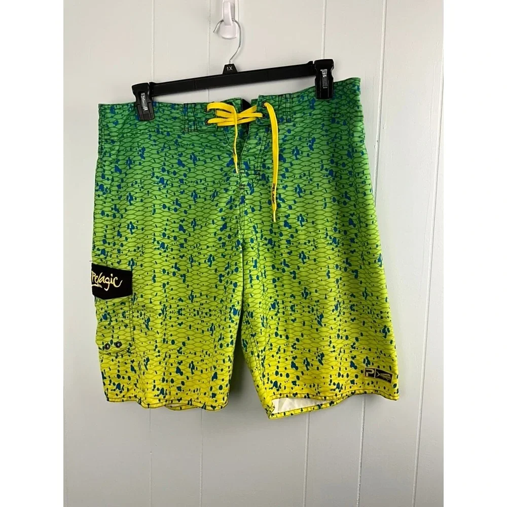 Pelagic Mens Dorado Mahi Mahi Fish Scale Board Shorts Green Yellow‎ Size 36